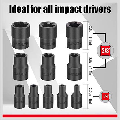 SEDY 11-Piece E-Torx Socket Set - Star Sockets Set with Socket Rail, External Torx Socket with Organizer, External Socket-Set, E4 E5 E6 E7 E8 E10 E12 E14 E16 E18 E20 Reverse Sockets Set - style: 11-Piece E-Torx - (E4-E20)
