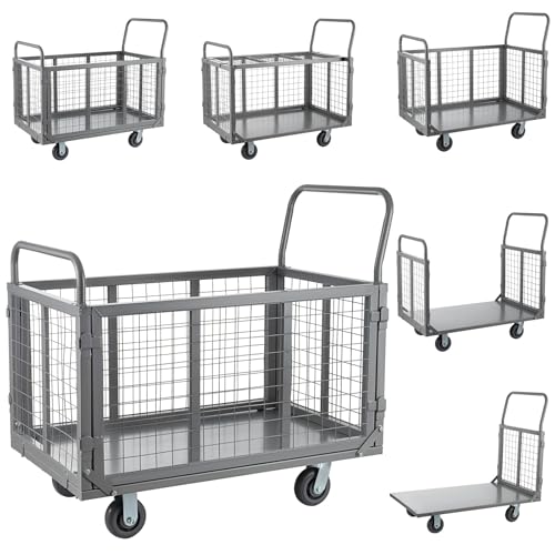 SmarketBuy Platform Truck Cart with Cage, 5 in 1 Heavy Duty Platform Carts with Cage 2000 LBS Capacity Foldable Push Cart Dolly with 5" Casters for Groceries/Garage/Warehouse