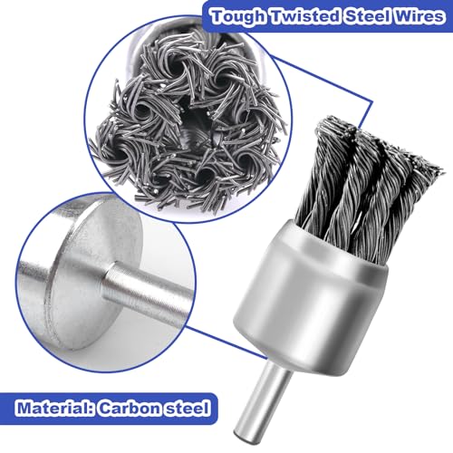 9 Pack 0.8" 1" 1.2" Knotted Wire Brush for Drill,1/4 Inch Arbor,Carbon Steel Twisted Wire Brush for Rust,Corrosion,Paint Removal