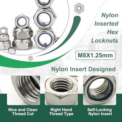 M8 1.25 Locknuts Metric Nylon Inserted Hex Lock Nuts - size: M8-Stainless Steel
