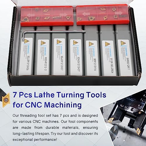 Indexable Lathe Turning Tool 21Pcs Kit 1/2'' 12mm Shank 7 Pcs Metal Lathe Tool Holder Set with 14 Pcs Turning Inserts for Turning Grooving Threading Boring Carbide Inserts Carbide Turning Tool - style: 7pcs 1/2" 12mm holder+14pcs inserts