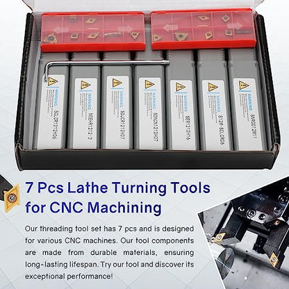 Indexable Lathe Turning Tool 21Pcs Kit 1/2'' 12mm Shank 7 Pcs Metal Lathe Tool Holder Set with 14 Pcs Turning Inserts for Turning Grooving Threading Boring Carbide Inserts Carbide Turning Tool - style: 7pcs 1/2" 12mm holder+14pcs inserts