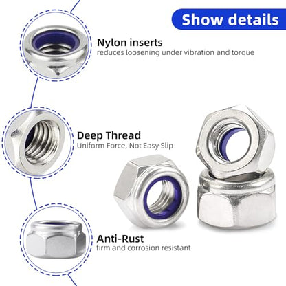 M5-0.8 Nylon Insert Lock Nuts, Stainless Steel 304 (18-8) Lock Nuts with Nylon Insert, 50pcs - color: Silver, size: M5-0.8