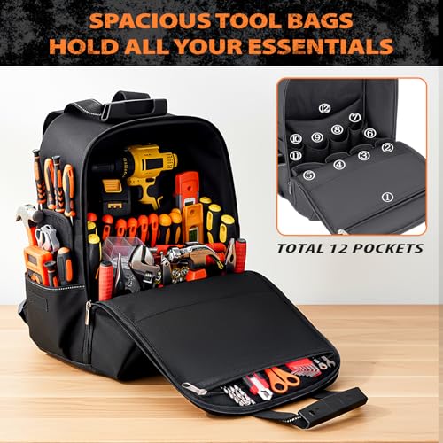 Jjring Heavy-Duty Men's Tool Bag Backpack With 18 Pockets, Orange - color: Orange