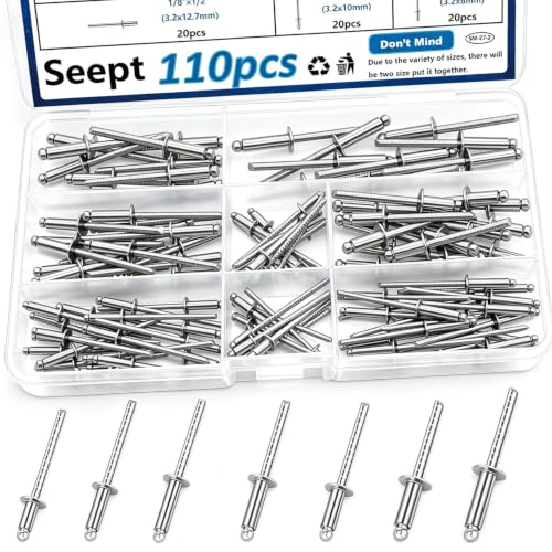 110pcs Steel Rivets 7-Sizes 304 Stainless Steel Rivets Assortment Kit 1/8",5/32",3/16" for Metal,Furniture,Automotive,Instruments - color: 110Pcs