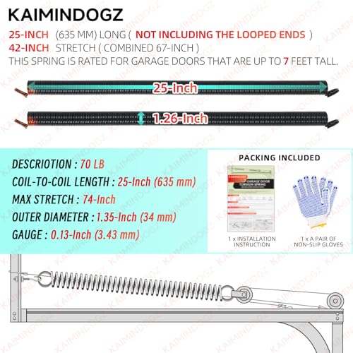 Pair of 70lb. Heavy Duty Garage Door Extension Springs Stretch Springs, 25" Long,Double Loop Ends, High Precision Electrophoresis Black Coated, MIN 16,000 Cycles, for 7ft High Garage Doors - size: 70LB-Orange