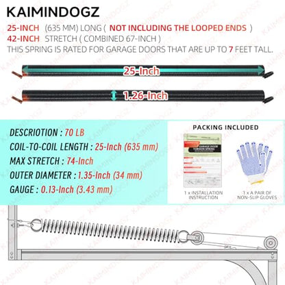 Pair of 70lb. Heavy Duty Garage Door Extension Springs Stretch Springs, 25" Long,Double Loop Ends, High Precision Electrophoresis Black Coated, MIN 16,000 Cycles, for 7ft High Garage Doors - size: 70LB-Orange