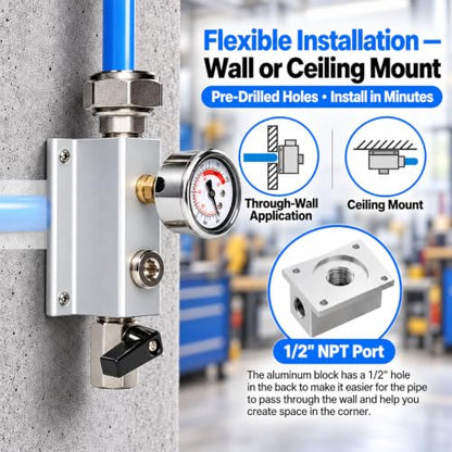 3/4" shop air line kit with Pressure Gauge, 2Port Aluminum Manifold - color: with Pressure Gauge