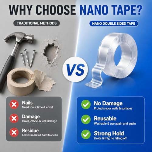 Double Sided Tape Heavy Duty, Nano Clear Mounting Tape, Picture Hanging Poster Carpet Tape for Walls, Dorm Office School Outdoor, Removable Adhesive 【2 Rolls】（9.85FTx1.2in&0.8in - size: 19.7 Feet