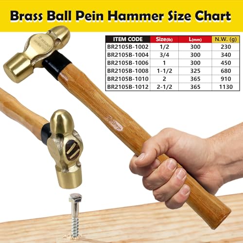 WEDO Brass Ball Peen Hammer 16 oz(1lb), Ball Pein Hammer with Wooden Handle, Length 280mm(11"), Die-Forged, Corrosion Resistant, DIN Standard - color: Wooden Handle, size: 1lb