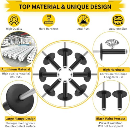 100PCS Large Flange Rivets, 11 Sizes Aluminum for Automobile, Ship