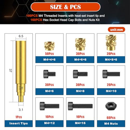 261Pcs M4 Heat Set Insert with Screws & Insert Tips Brass Threaded Inserts Female Knurled Nuts Assortment Kit for Plastic and 3D Printing Components