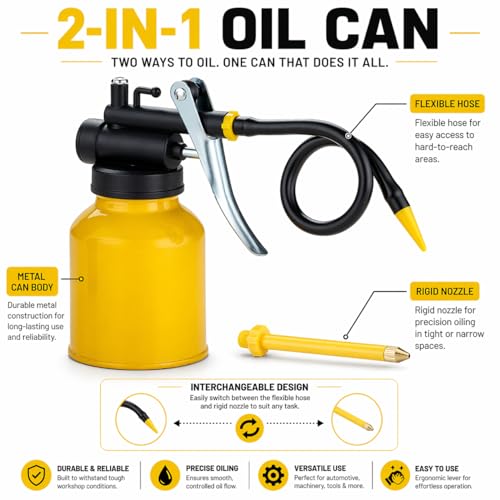 Metal Pumper Oiler Can,Oil Can Pump Oiler with 2 Spout for All Lubrication Need of Car, Bikes and Machines -8 oz.Yellow Capacity - color: Yellow