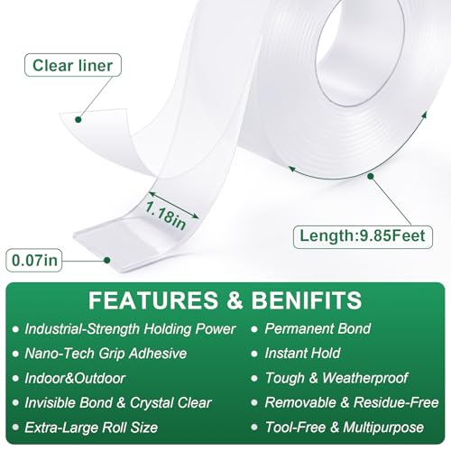 Double Sided Heavy Duty Nano Mounting Tape 1.18" x 120"（2 Rolls,Total 20FT) - size: 120Inch Long