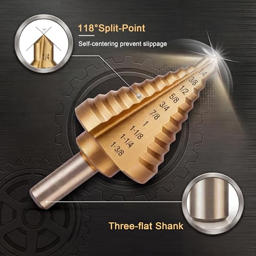 Step Bit-10 Steps Titanium Coating High Speed Steel Step Drill Bit Set Unibit with Dual Flute Straight Grooved for Metal Hole Drilling-1/4 to 1-3/8" - size: 1 pc
