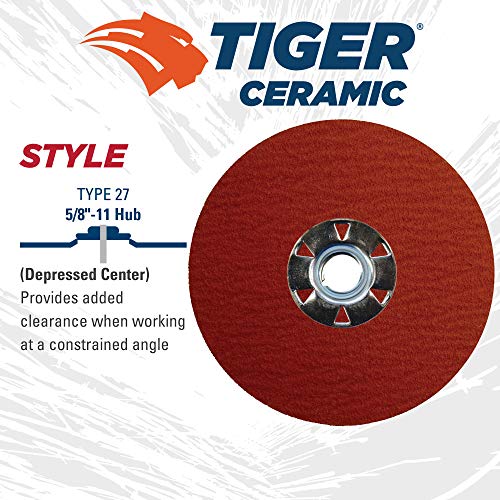 Weiler 69883 Tiger Ceramic Alumina Resin Fiber Sanding & Grinding Disc, 4-1/2" Diameter, 60 Grit, 5/8" - 11 Hub (Pack of 25) - size: 5/8"-11 Hub, style: 60 Grit