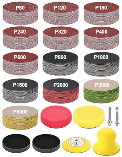 268-Pack 3 Inch Sanding Discs Drill Sanding Attachment, 80-5000 Grit Wet Dry Hook and Loop Sandpaper, Soft Foam Buffering Pad with 1/4" Shank Backing Plate for Car Wood Resin Metal - size: 3 Inch
