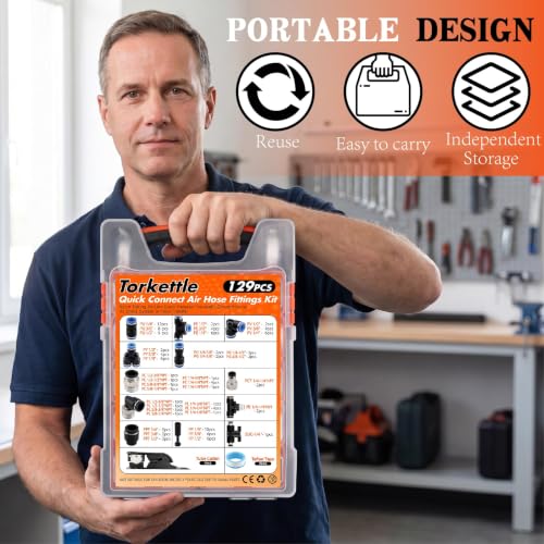 130 PCS 1/4",3/8",1/2" OD Blue Air Hose Fitting Kit, Full NPT Thread PBT Push to Connect Fittings with Reducer Adapters, 145 PSI Leak-Free Heavy-Duty for PU Air Hoses, Air Compressor & Trailer Repair - color: Blue
