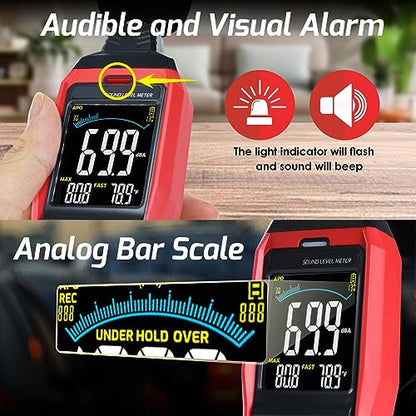 Sound Level Meter Data Logger Decibel Meter with Record Function, Portable Noise Meter 30~130dB Sound Meter A/C/Z Weighting Noise Testing with Audible Visual&Alarm, Temperatue, Analog Bar Indicator