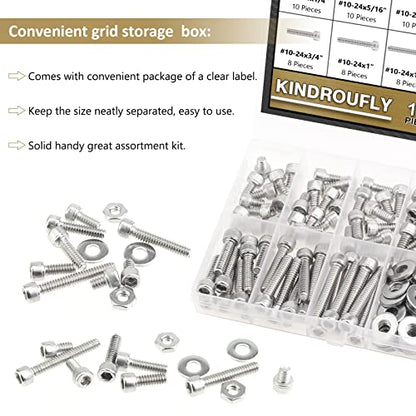 142 Pieces #10-24 x 1/4", 5/16", 3/8", 1/2", 5/8", 3/4", 1", 1-1/4", Hex Socket Head Cap Screws Nuts Washers Assortment Kit, 304 Stainless Steel, Fully Machine Thread - size: #10-24, style: Socket Head