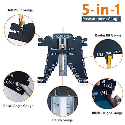 POWERTEC Universal 5-in-1 Step Depth Gauge for Measuring Chisel Angles, Drill Points, and Setting Router Bit, Saw Blade Heights – Compatible with Table Saw and Router Table – Woodworking Tools (80023) - style: Router Table Measuring Gauge