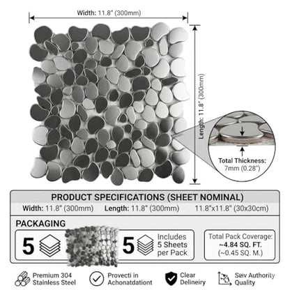 5 Sheets Metal Kitchen Backsplash Mosaic Tiles,Silver,Mesh Backing