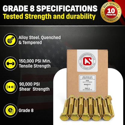 Chenango Supply 5/8-11 x 3 Grade 8 Hex Head Cap Screws - size: 5/8-11 x 3" Hex Bolt