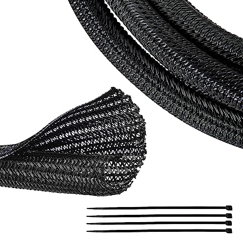 RED WOLF Braided Wire Cable Sleeve Split Wiring Sleeving 10 Feet - 1/2" Flexible Self-Wrap for Automotive Computer Cable Cord Management Cover Protector, Anti-Scratch High-Temperature Black - size: 1/2" x 10FT