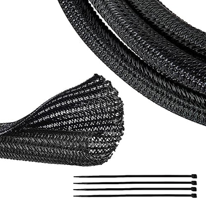 RED WOLF Braided Wire Cable Sleeve Split Wiring Sleeving 10 Feet - 1/2" Flexible Self-Wrap for Automotive Computer Cable Cord Management Cover Protector, Anti-Scratch High-Temperature Black - size: 1/2" x 10FT