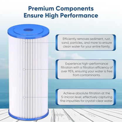 PUREPLUS 5 Micron 10"x4.5" Whole House Pleated Sediment Filter, 3 Pack - size: 3 Count (Pack of 1), style: 5 Micron