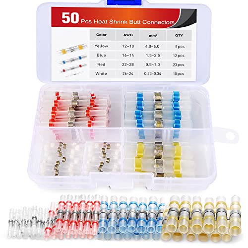 Nilight - 50025R 50pcs Solder Seal Wire Connector, Solder Seal Heat Shrink Butt Connectors,Electrical Waterproof Insulated Marine Automotive Copper(23Red 12Blue 10White 5Yellow),2 Years Warranty - color: 50PCS Solder Seal Connectors (Yellow, Blue, Red, Wh