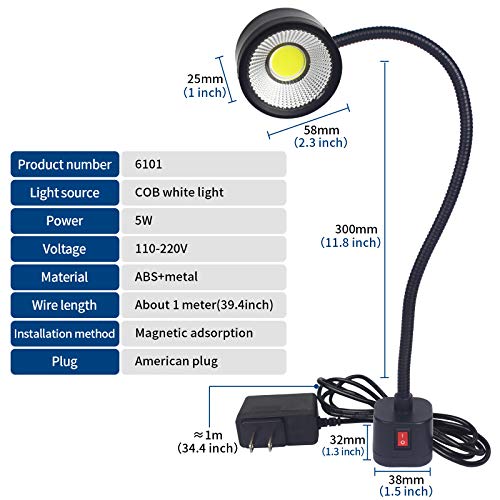 Led Magnetic Work Light 300mm Flexible Gooseneck lamp 500 Lumens 120 Volt for Sewing Machine Lathe Milling Drill Press Industrial Lighting - size: Magnets Base, 5W
