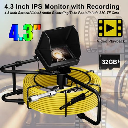 Sewer Camera 10m/32ft, 4.3" Pipe Snake Camera with DVR Function, Drain Plumbing Inspection with LED Light, 17mm/0.67in Waterproof Industrial Endoscope for Home Wall Duct Drain Pipe (10m/32ft)