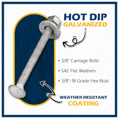 3/8" x 4" Hot Dip Galvanized Grade 307A Carriage Bolt Kit, 50 Pack, Comes with 3/8" USS Flat Washers & 3/8"-16 Hex Nuts, Heavy Duty Exterior Construction Use - size: 3/8"x4"