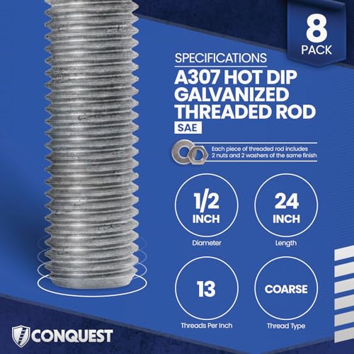 Conquest A307 Hot Dip Galvanized Threaded Rod 1/2"-13 x 24 - size: 1/2"-13 x 2'