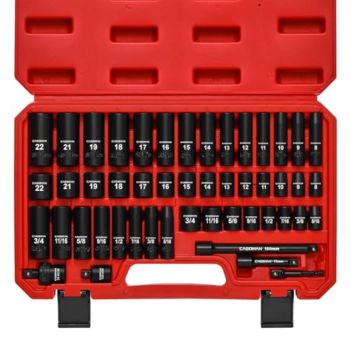 CASOMAN 3/8" Drive Impact Socket Set, 49 Piece Standard SAE and Metric Sizes (5/16-Inch to 3/4-Inch and 8-22 mm), 6 Point, Cr-V Steel Socket Set - size: 3/8"