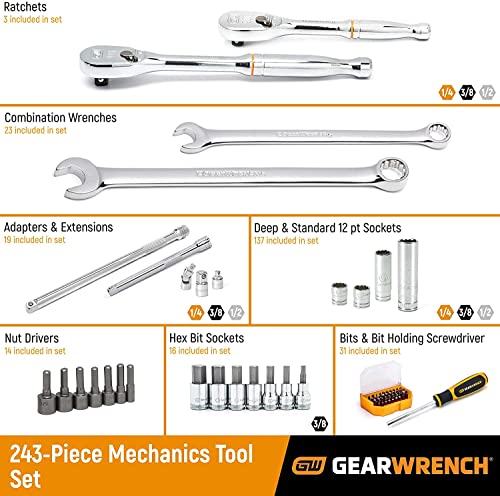 GEARWRENCH 243 Pc 12Pt Mechanics Tool Set in 3 Drawer Storage Box | 80972