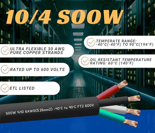 50 Feet 10/4 SOOW 50ft 10 AWG SO Cable Cord Wire - 10 Gauge 4 Conductor 600V Portable Power Extension Cord Cable for, Motor Leads, Portable Lights, and Battery Chargers - style: 50