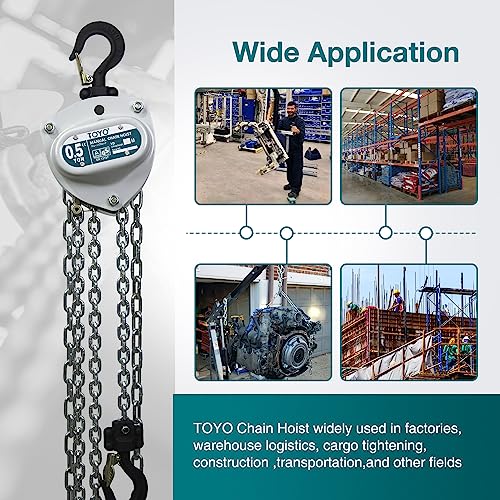 TOYO Chain Hoist 1100Lb,10ft Manual Chain Block Hoist 0.5ton Chain Fall 3M Come Along Hand Chain Hoist 2 Heavy Duty Hooks Industrial Grade Steel for Warehouse Automotive Construction Building - size: 1/2 Ton 10FT