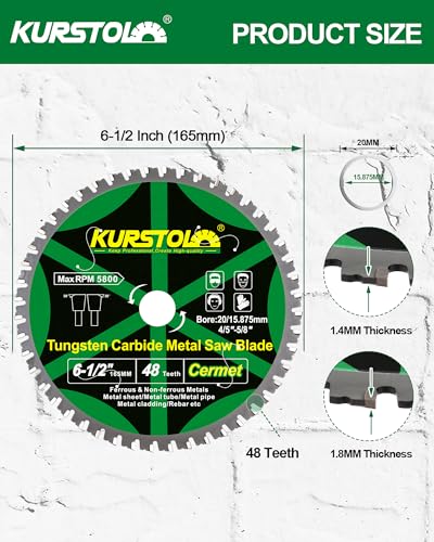6-1/2 Inch Metal Cutting Saw Blade 48 Teeth - Ceramic Carbide Tipped for Steel, Iron, Steel Pipe, Non-Ferrous and Ferrous Metals, 5/8" Arbor - size: 6-1/2 Inch