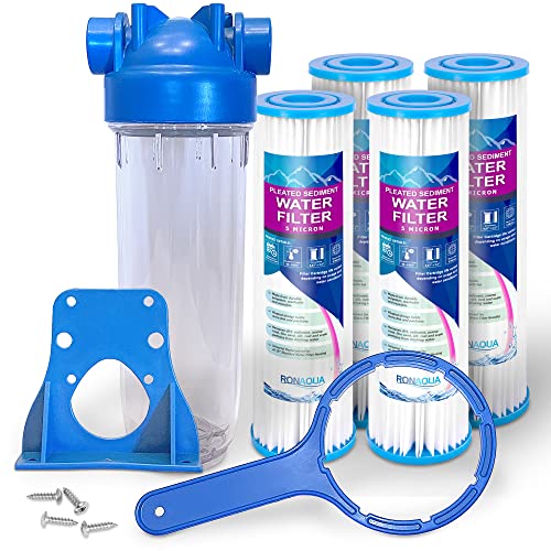 10 Inches European Design Transparent Standard Whole House Water Filter System with Presser Relief Valve, 3/4” Inlet/Outlet Brass Port and Yearly Supply (4) Pleated Sediment Cartridges 5 Micron - style: Pleated Sediment Filter