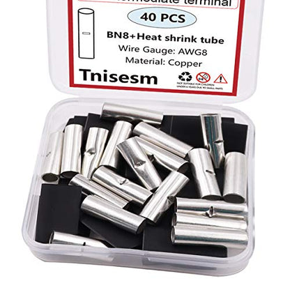 Tnisesm 20 Pcs 8 AWG Gauge Non Insulated Butt Connectors, Butt Splice Wire Connectors, Electrical Wire Seamless Uninsulated Butt Connectors Crimp Ferrule Terminals BN8 - size: 8 AWG