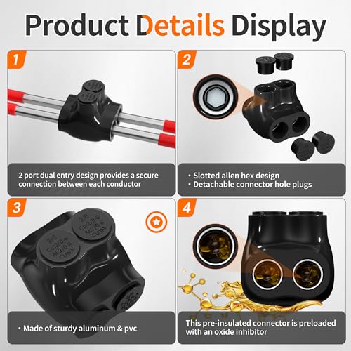 2 Port Insulated Multi Tap Connector 2/0-6 Gauge Wire Connectors Dual Entry Aluminum to Copper Wire Connectors Aluminum Wire Connector with Slotted Allen Hex - 6 Pack - size: 2/0-6 AWG