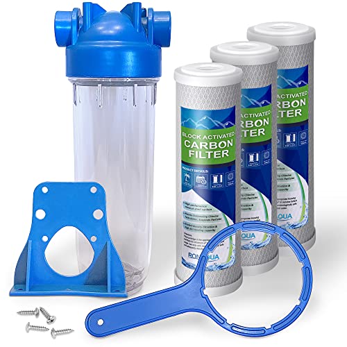 10 Inches European Design Transparent Standard Whole House Water Filter System with Presser Relief Valve, 3/4” Inlet/Outlet Brass Port and Yearly Supply (3) Block Activated Carbon Cartridges 5 Micron - style: Block Activated Filter