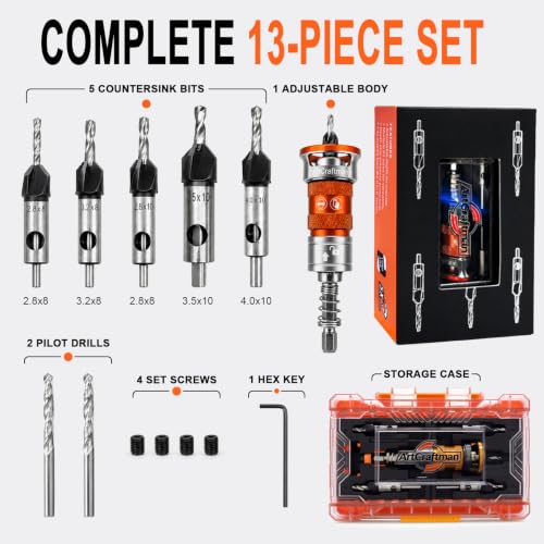 13 PCS Upgraded Adjustable Depth Countersink Drill Bit Set, M2 HSS 4-Flute Wood Chamfer Bits with Quick Adjust Depth Stop, L Wrench & Pilot Bits for Wood, Plastic & DIY Woodworking