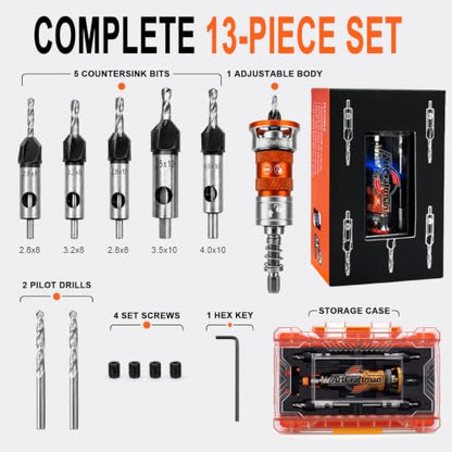 13 PCS Upgraded Adjustable Depth Countersink Drill Bit Set, M2 HSS 4-Flute Wood Chamfer Bits with Quick Adjust Depth Stop, L Wrench & Pilot Bits for Wood, Plastic & DIY Woodworking