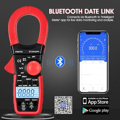 BTMETER Digital Clamp Meter Multimeter, 6000 Counts Bluetooth Multimeter, 2000A AC/DC Amp Tester, Measures Voltage, Ohms, Capacitance, Frequency, Temperature, NCV with Data Logging 570Y-APP