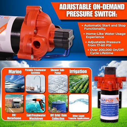 SEAFLO 33W Series 115V AC, 3.0 GPM, 45 PSI Brushless Automatic Demand Diaphragm Water Pressure Pump – Ultra Quiet Operation, Self-Priming, Overload Protection, NSF & UL Certified- 4 Year Warranty! - style: 115V - 3.0 GPM - 45 PSI