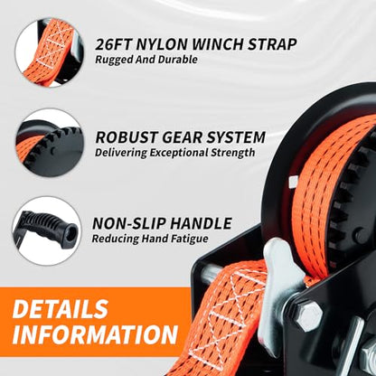 1600lbs Heavy Duty Boat Trailer Winch with 26FT Strap, 2-Way Ratchet & 4:1 Gear Trailer Winch, Portable Hand Crank Winch for Boat, Truck, Trailer, RV, ATV, Jet Ski - color: Orange Strap