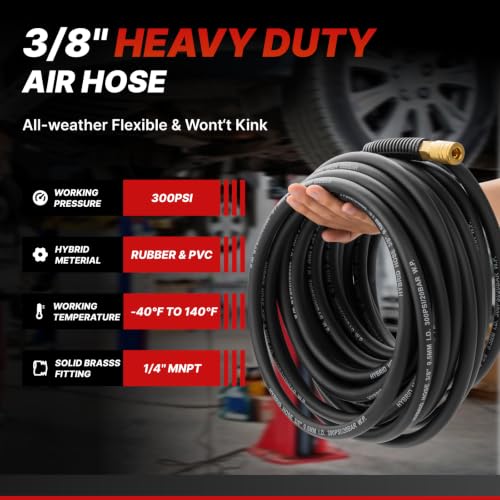 Air Compressor Hose 3/8 Inch x 25 FT, Hybrid Air Hose, Heavy Duty Lightweight Flexible Air Hose, Kink Resistant, All Weather Performance, 1/4" Industrial Quick Connect Coupler & Plug, 300 PSI, Black - size: 25FT
